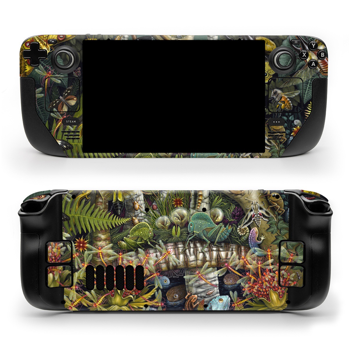 Valve Steam Deck Skin design of Strategy video game, Mythology, Art, Games, Plant, Painting, Adventure game, Jungle, Fictional character, Nepenthes, with green, brown, red, yellow, gray, blue, white colors