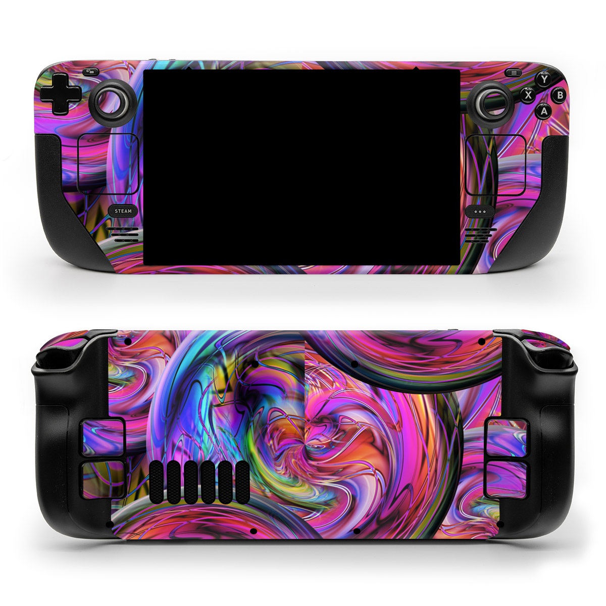 Valve Steam Deck Skin design of Pattern, Psychedelic art, Purple, Art, Fractal art, Design, Graphic design, Colorfulness, Textile, Visual arts, with purple, black, red, gray, blue, green colors