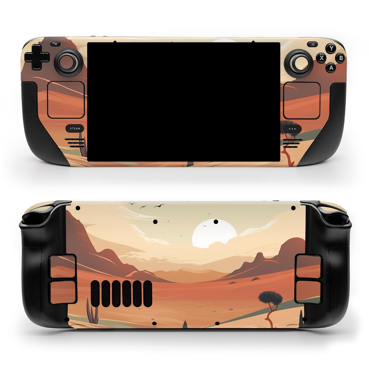 Valve Steam Deck Skin design of Sky, Bird, Ecoregion, Light, Nature, Cloud, Natural environment, Moon, Natural landscape, Biome, with orange, yellow, brown, green, white, black colors