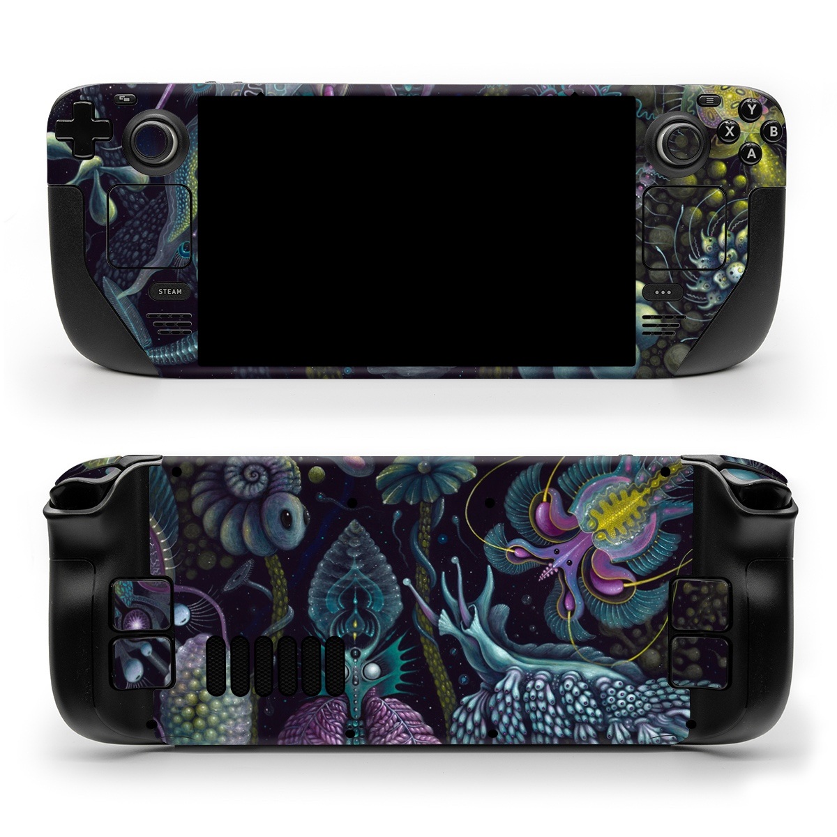 Valve Steam Deck Skin design of Organism, Pattern, Art, Illustration, Fractal art, Psychedelic art, Design, Visual arts, Plant, Modern art, with black, green, purple, pink, yellow, blue colors