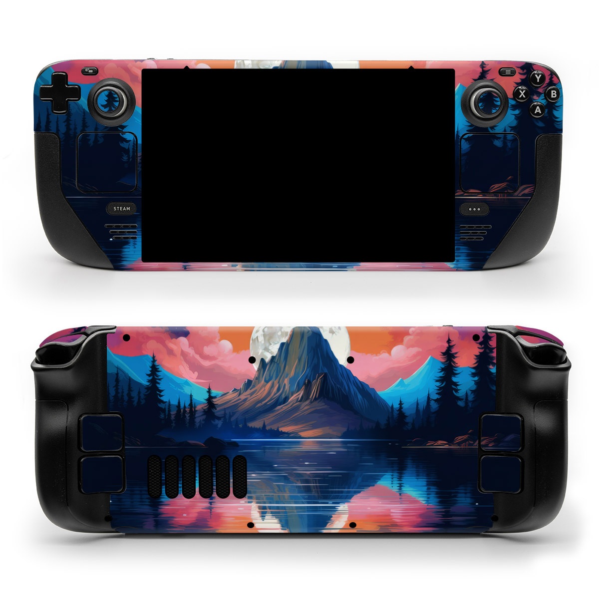 Valve Steam Deck Skin design of Water, Sky, Cloud, Daytime, World, Mountain, Natural Landscape, Azure, Paint, Plant, Tree, with black, blue, red, yellow, orange, pink, purple colors