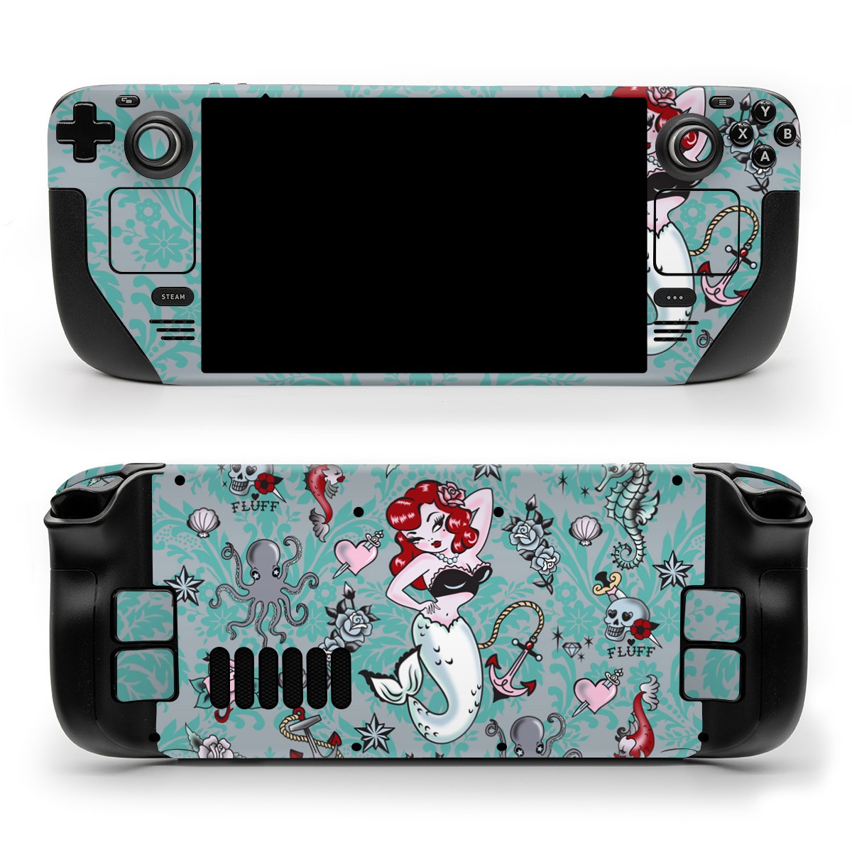Valve Steam Deck Skin design of Mermaid, Illustration, Fictional character, Organism, Art, Pattern, Style, with gray, blue, black, red, white, pink colors