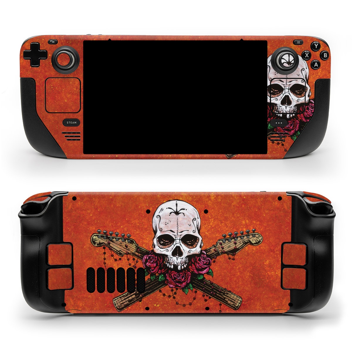Valve Steam Deck Skin design of Sleeve, Orange, Skull, Font, Bone, Art, T-shirt, Symbol, Circle, Emblem, with black, white, gray, brown, red, green colors