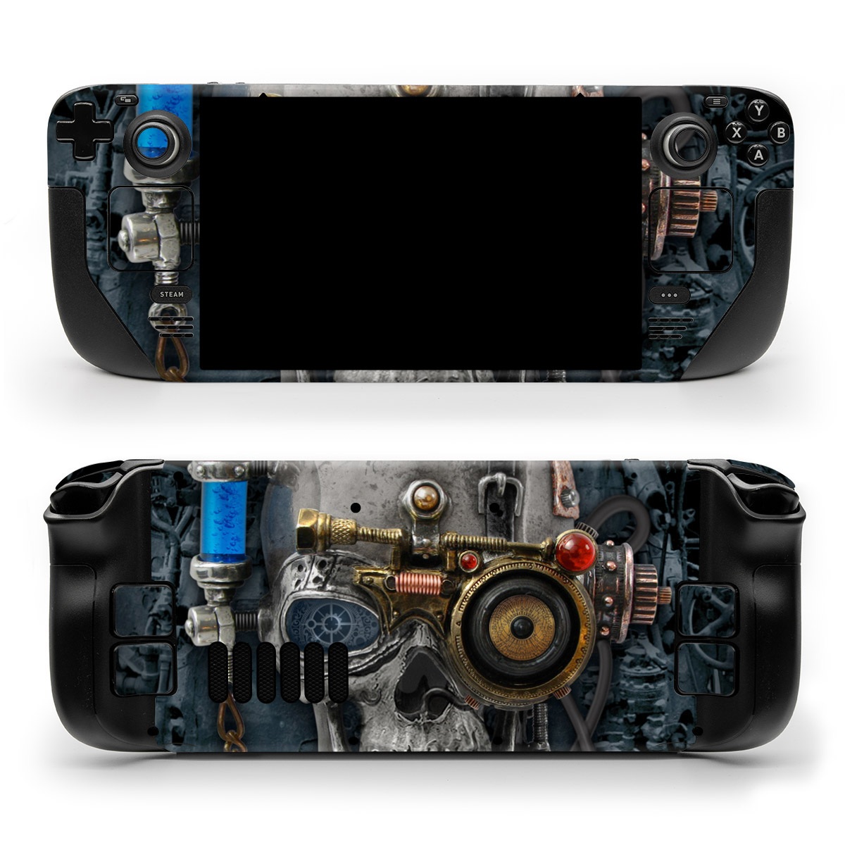 Valve Steam Deck Skin design of Engine, Auto part, Still life photography, Personal protective equipment, Illustration, Automotive engine part, Art, with black, gray, red, green colors