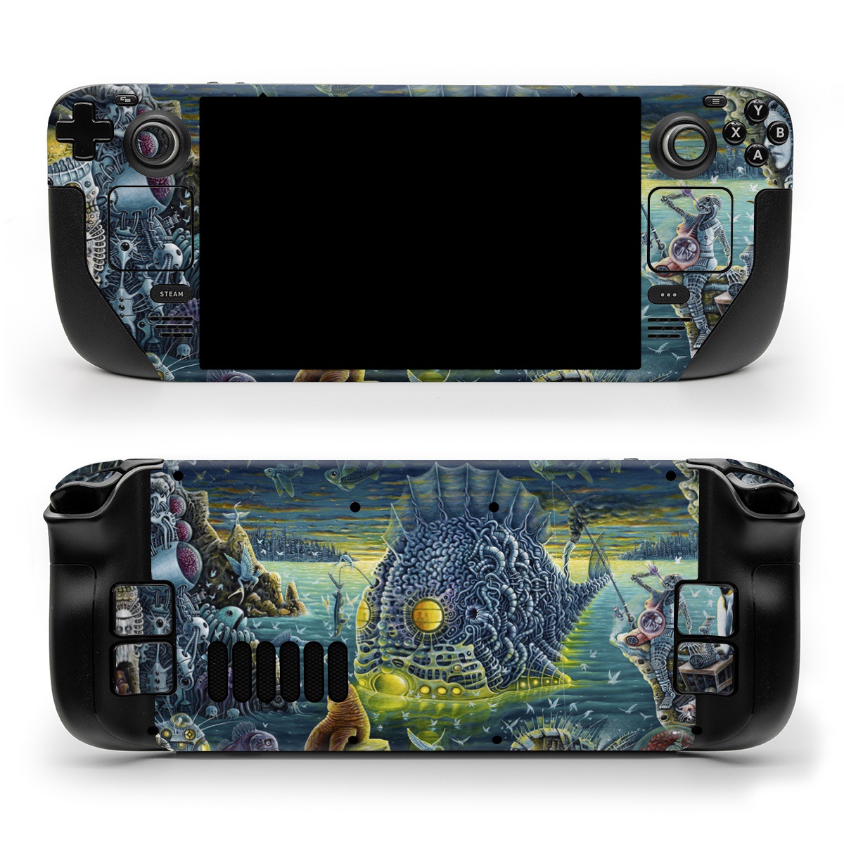 Valve Steam Deck Skin design of Organism, Water, Illustration, Art, Painting, Cg artwork, Fiction, Fictional character, Marine biology, Mythology, with black, gray, blue, green colors