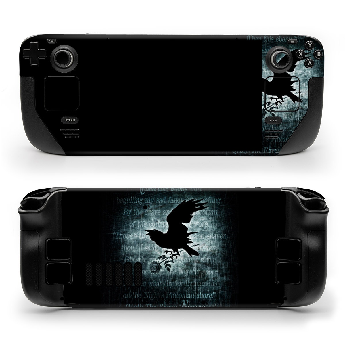 Valve Steam Deck Skin design of Bird, Text, Wing, Graphic design, Darkness, Font, Illustration, Graphics, with black, white, blue colors