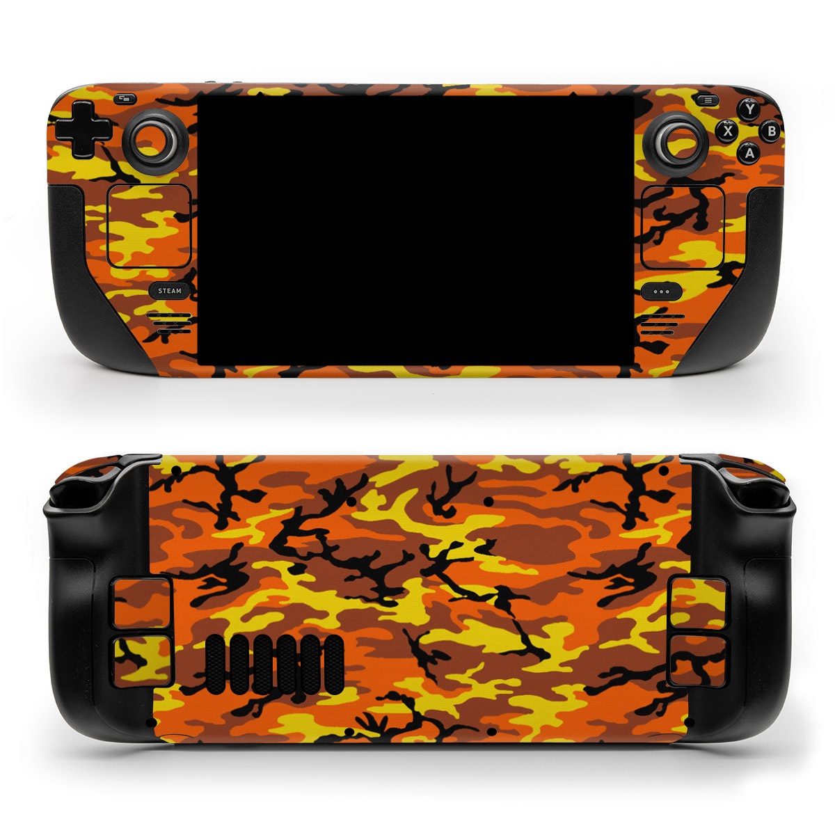 Valve Steam Deck Skin design of Military camouflage, Orange, Pattern, Camouflage, Yellow, Brown, Uniform, Design, Tree, Wildlife, with red, green, black colors
