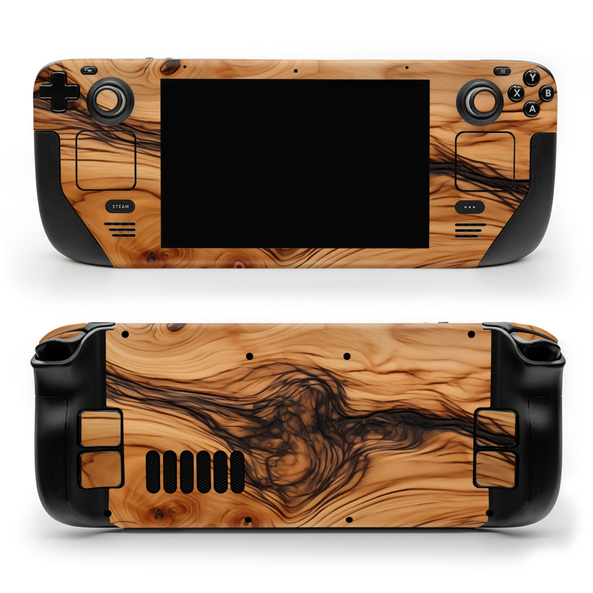 Valve Steam Deck Skin design of Brown, Wood, Trunk, Wood stain, Floor, Liquid, Art, Woody plant, Landscape, Flooring, with black, brown, orange colors