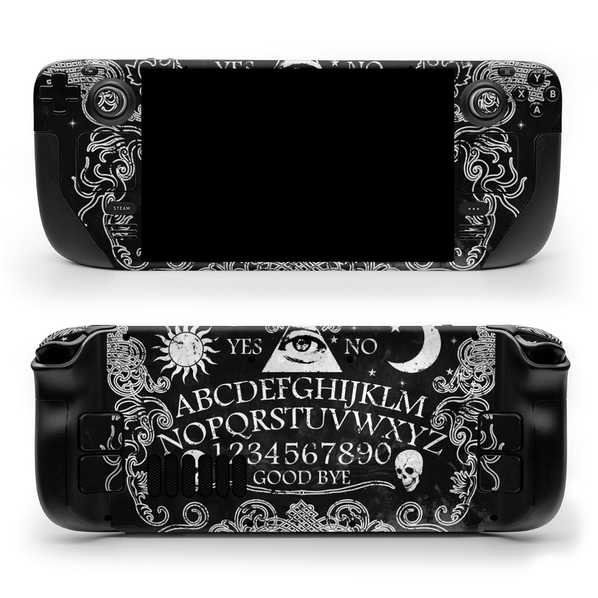 Valve Steam Deck Skin design of Text, Font, Pattern, Design, Illustration, Headpiece, Tiara, Black-and-white, Calligraphy, Hair accessory, with black, white, gray colors