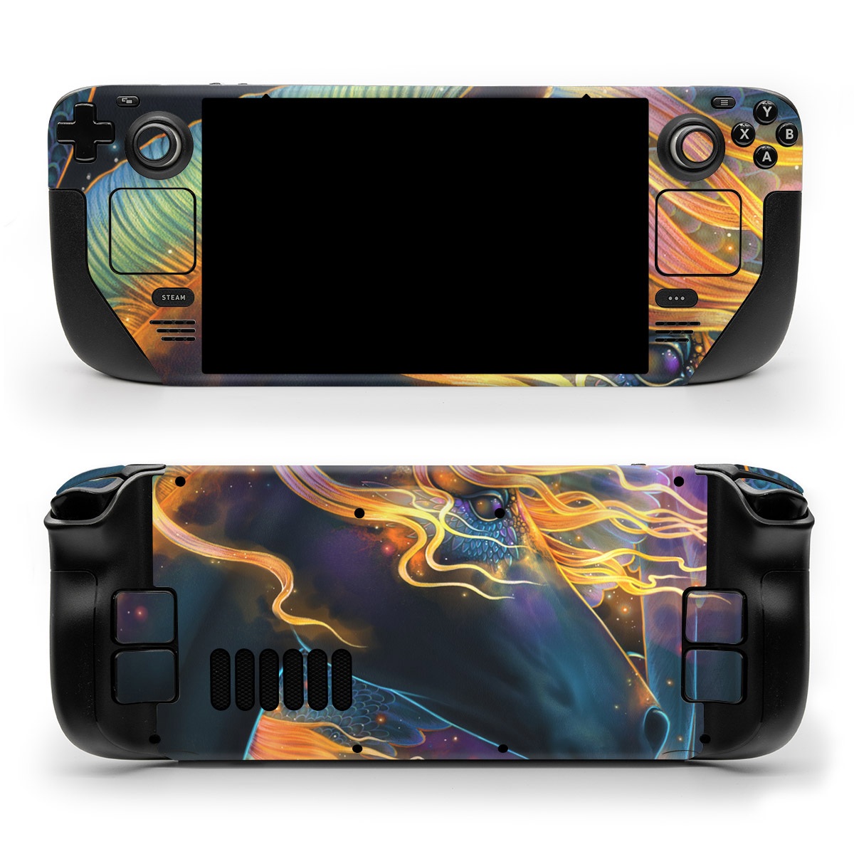 Valve Steam Deck Skin design of Organism, Astronomical object, Art, Electric blue, Space, Darkness, Liquid, Science, Graphics, Visual arts, with black, blue, yellow, white, orange, purple, red colors