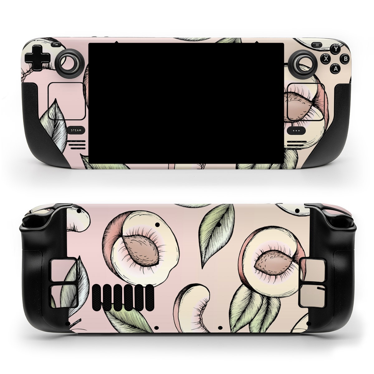 Valve Steam Deck Skin design of Pattern, Leaf, Botany, Organism, Design, Plant, Illustration, Clip art, with pink, green, yellow, orange colors