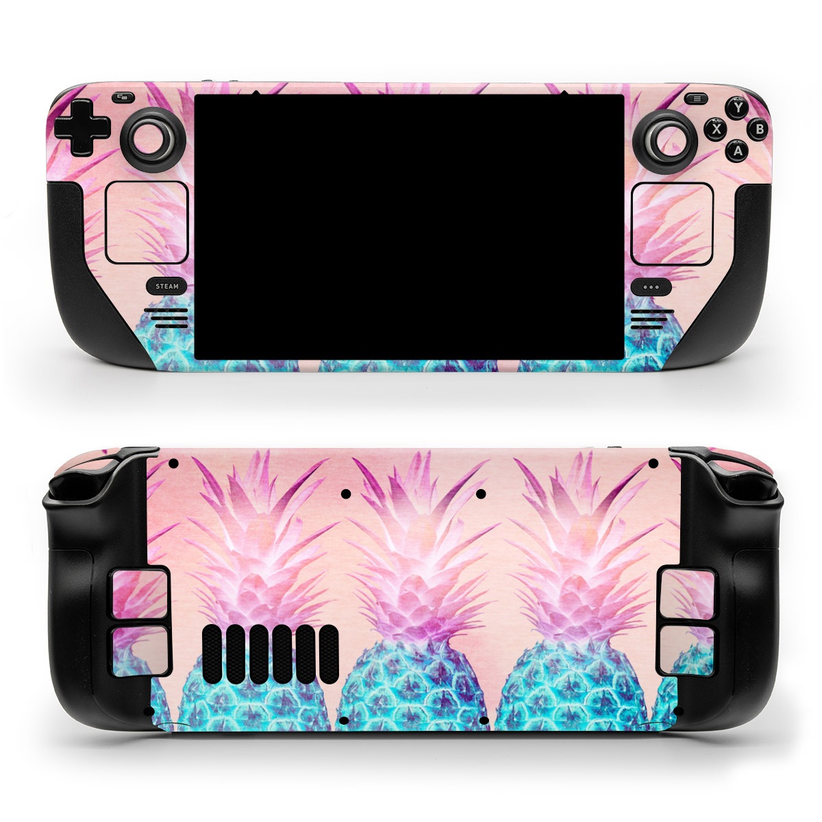 Valve Steam Deck Skin design of Pineapple, Ananas, Pink, Fruit, Plant, Bromeliaceae, Pattern, Poales, with pink, blue, orange colors