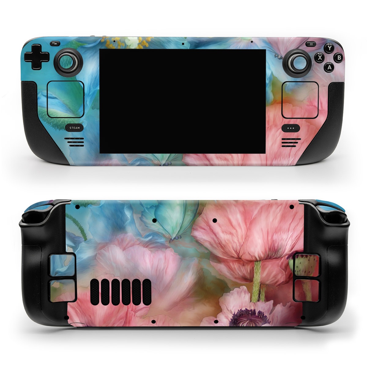 Valve Steam Deck Skin design of Flower, Petal, Watercolor paint, Painting, Plant, Flowering plant, Pink, Botany, Wildflower, Still life, with gray, blue, black, red, green colors