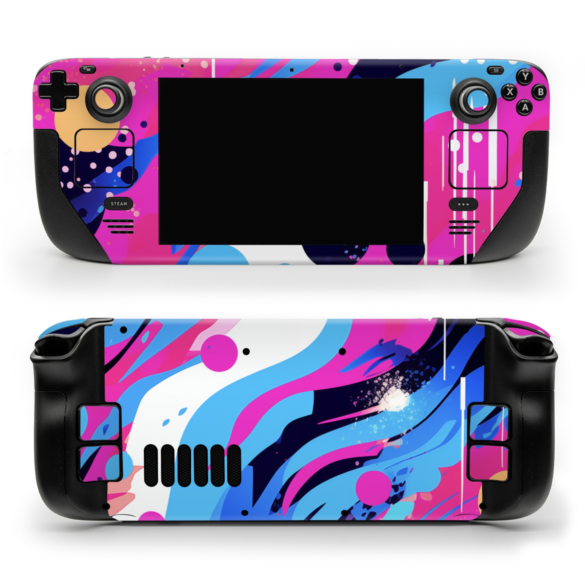 Valve Steam Deck Skin design of Organism, Art, Line, Font, Magenta, Art paint, Paint, Pattern, Electric blue, Tints and shades, with pink, blue, white, black, orange colors