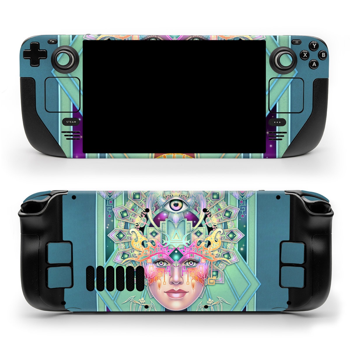 Valve Steam Deck Skin design of Head, Eye, Eyelash, Font, Art, Magenta, Rectangle, Painting, Illustration, Pattern, with blue, green, yellow, red, purple, white colors