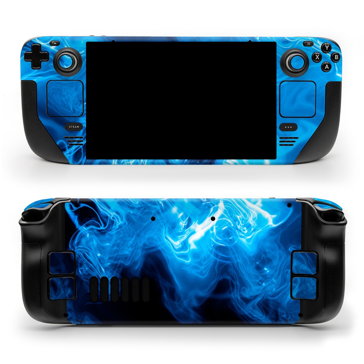 Valve Steam Deck Skin design of Blue, Water, Electric blue, Organism, Pattern, Smoke, Liquid, Art, with blue, black, purple colors