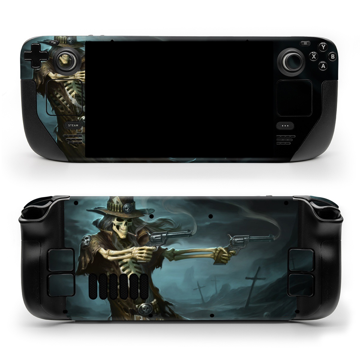 Valve Steam Deck Skin design of Cg artwork, Action-adventure game, Darkness, Illustration, Games, Adventure game, Pc game, Woman warrior, Digital compositing, Fictional character, with black, white, blue, gray colors