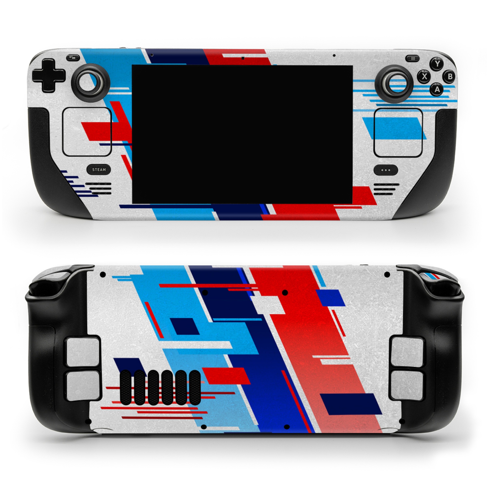 Valve Steam Deck Skin design of Azure, Font, Material property, Parallel, Electric blue, Slope, Graphics, Carmine, Brand, Rectangle, with gray, blue, black, red, purple colors