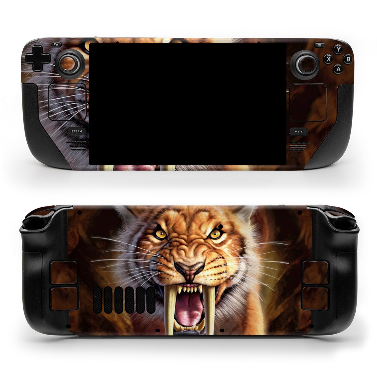 Valve Steam Deck Skin design of Roar, Felidae, Facial expression, Wildlife, Whiskers, Bengal tiger, Carnivore, Snout, Big cats, Fang, with black, orange, yellow, white colors