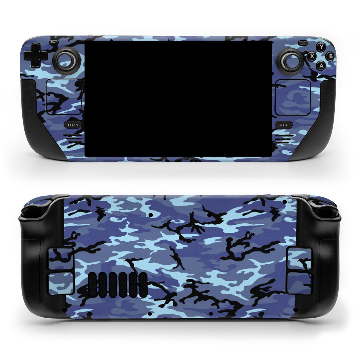 Valve Steam Deck Skin design of Military camouflage, Pattern, Blue, Aqua, Teal, Design, Camouflage, Textile, Uniform, with blue, black, gray, purple colors