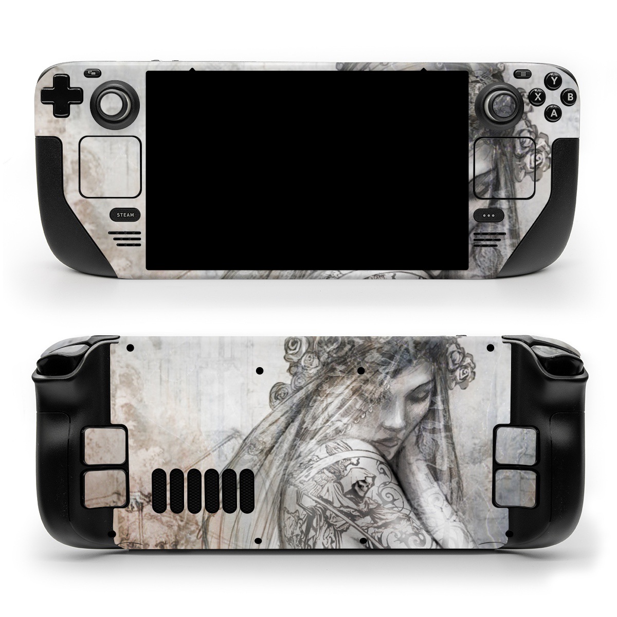 Valve Steam Deck Skin design of Lady, Art, Illustration, Drawing, Painting, Sketch, Mythology, Figure drawing, Long hair, Visual arts, with white, gray, black colors