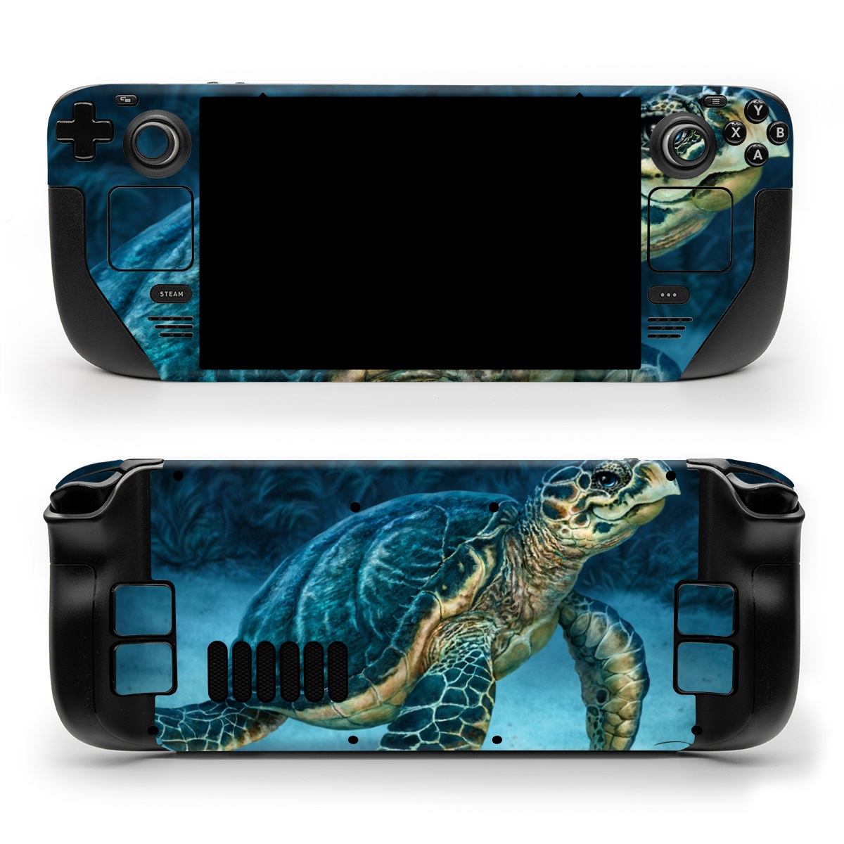 Valve Steam Deck Skin design of Water, Nature, Organism, Reptile, Turtle, Hawksbill sea turtle, Underwater, Wildlife, Sea turtle, Reef, with green, gray, blue, white colors