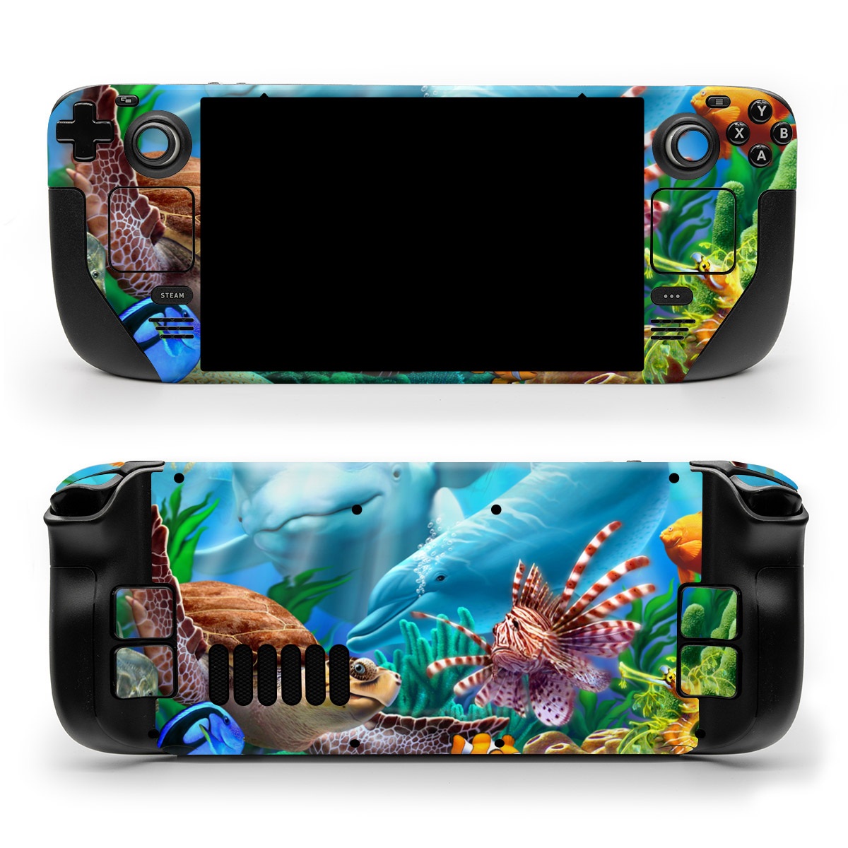 Valve Steam Deck Skin design of Green, Blue, Azure, Natural environment, Underwater, Organism, Mammal, Art, Marine biology, Aqua, with blue, green, red, white, brown, yellow, orange, blue colors