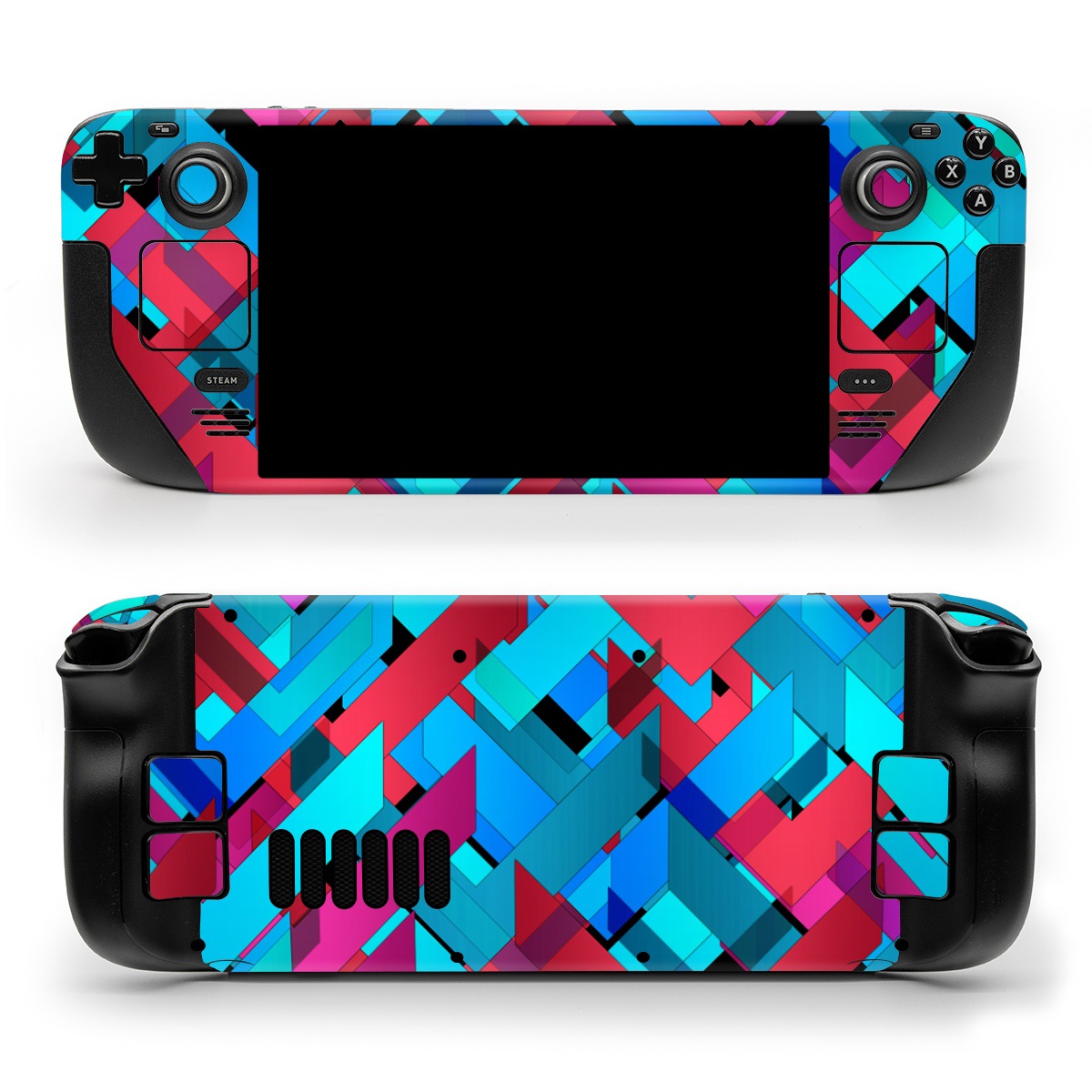 Valve Steam Deck Skin design of Pattern, Turquoise, Line, Teal, Magenta, Design, Textile, Symmetry, Colorfulness, with blue, red, purple, black colors