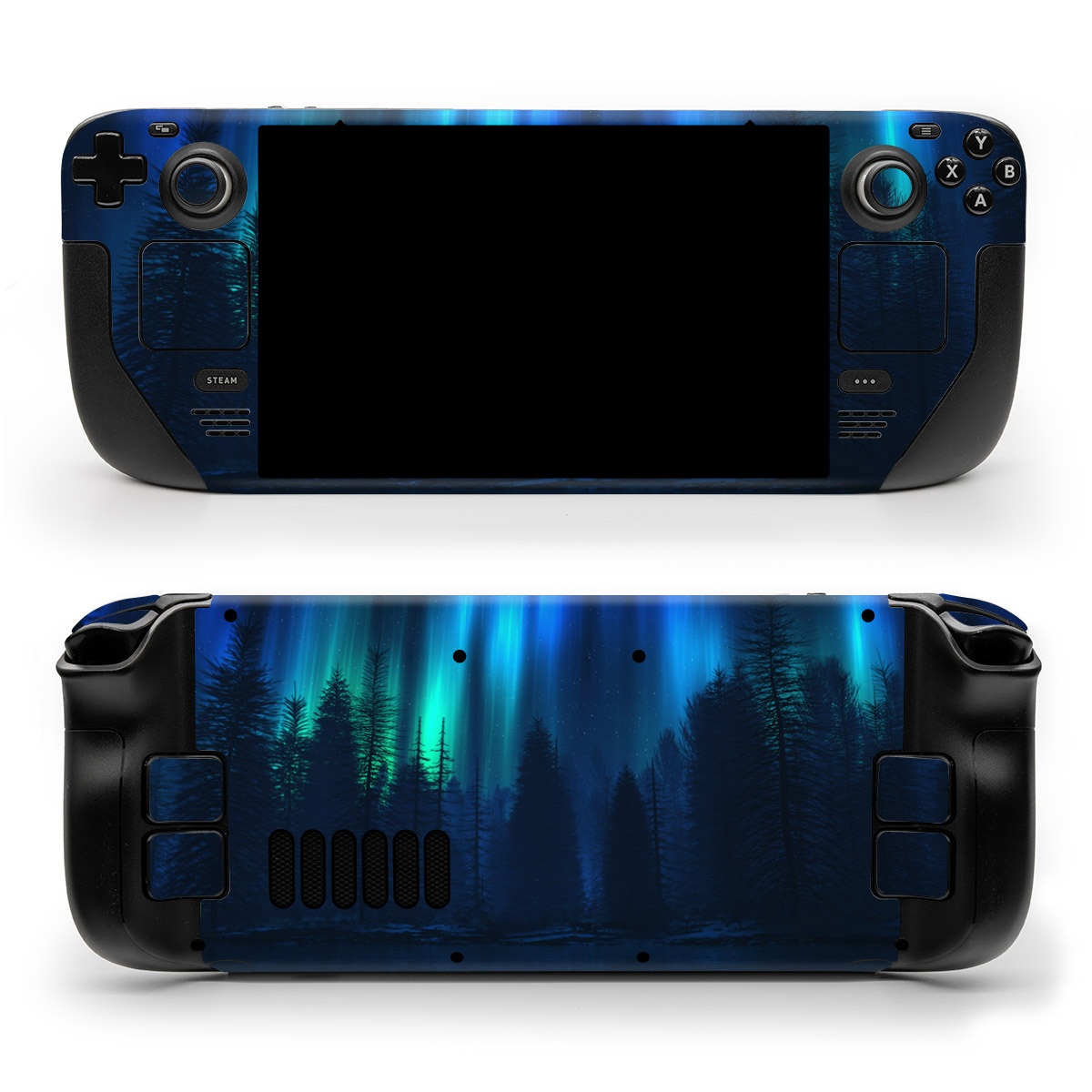 Valve Steam Deck Skin design of Blue, Light, Natural environment, Tree, Sky, Forest, Darkness, Aurora, Night, Electric blue, with black, blue colors