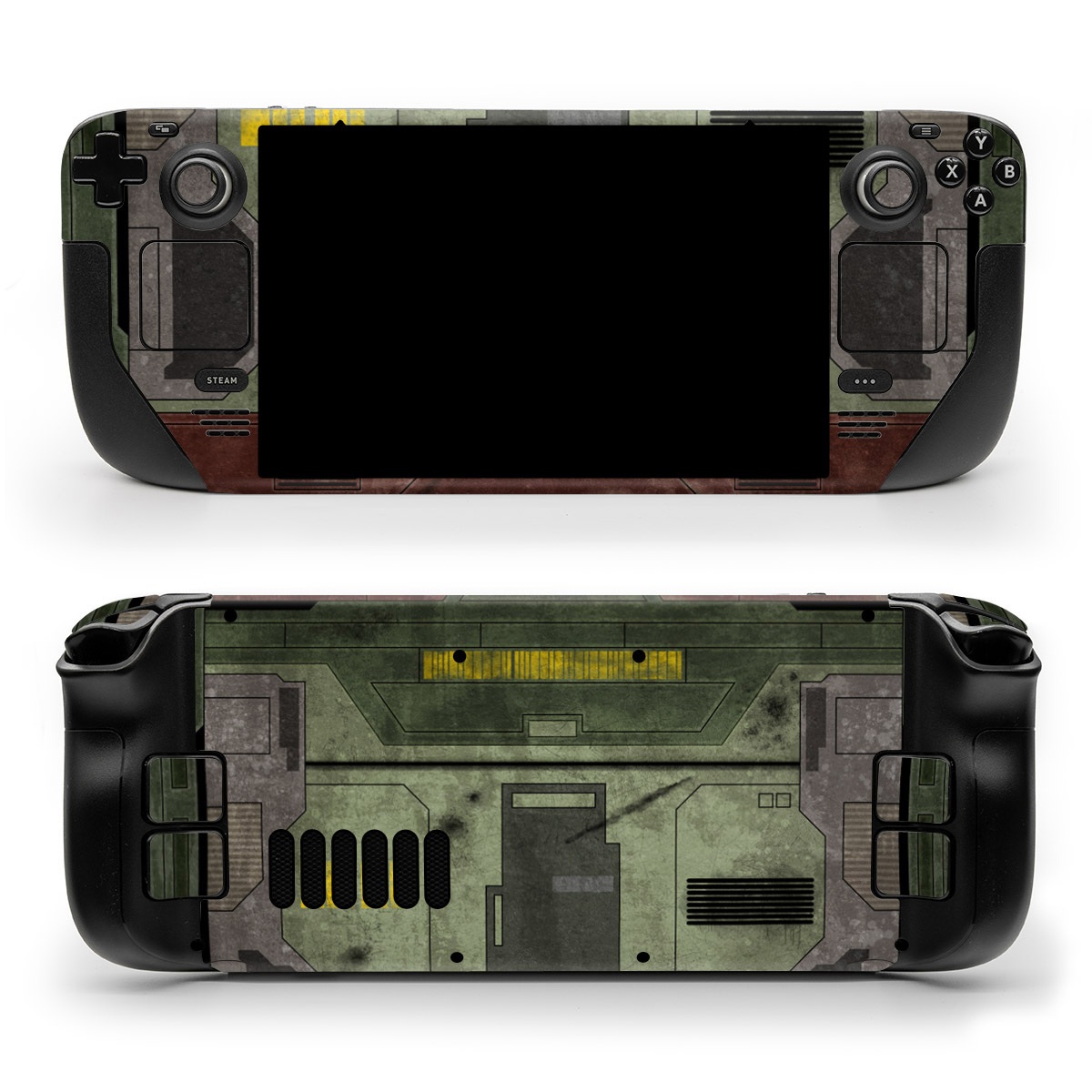 Valve Steam Deck Skin design of Rectangle, Screenshot, Font, Wood, Pattern, Symmetry, Machine, Gas, Parallel, Engineering, with red, green, yellow, black, gray, white colors