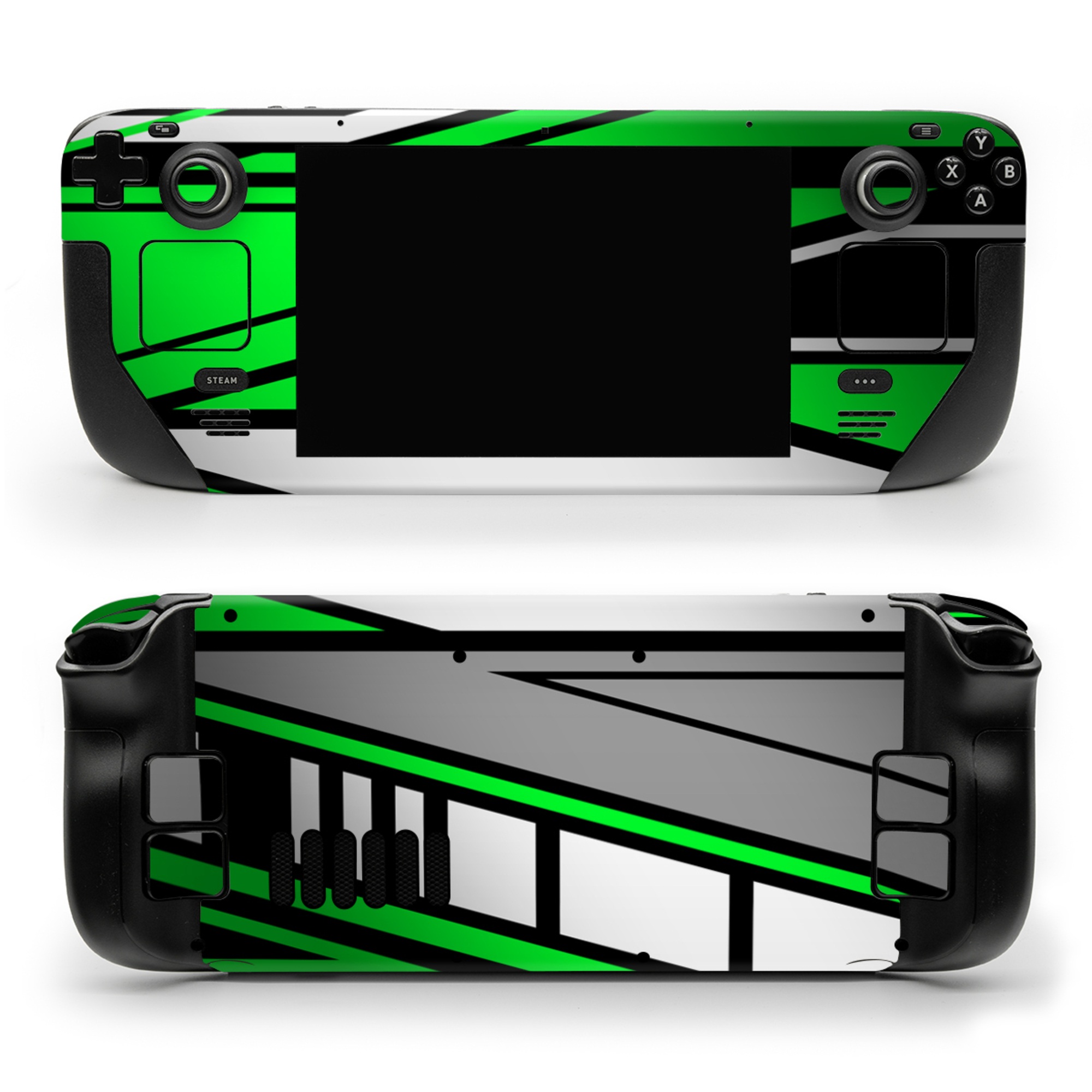 Valve Steam Deck Skin design of Colorfulness, Green, Rectangle, Slope, Font, Line, Material property, Parallel, Tints and shades, Graphics, with black, green, white, gray colors