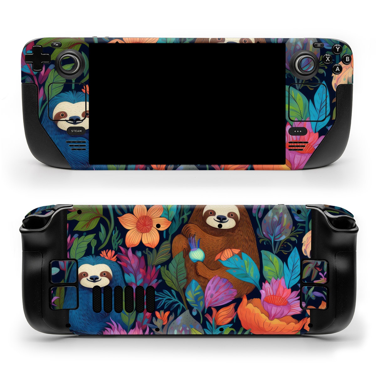 Valve Steam Deck Skin design of Flower, Plant, Vertebrate, Botany, Textile, Petal, Mammal, Painting, Creative arts, Grass, with black, brown, blue, white, orange, yellow, red, pink, green colors