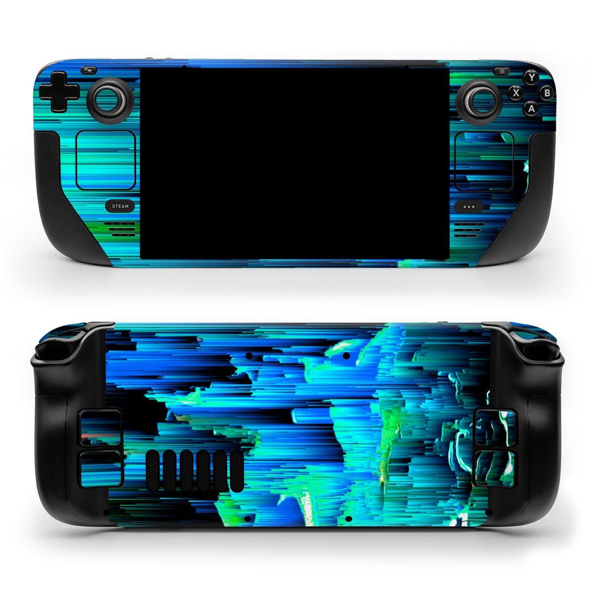 Valve Steam Deck Skin design of Blue, Green, Turquoise, Light, Colorfulness, Electric blue, with blue, green, black, white colors