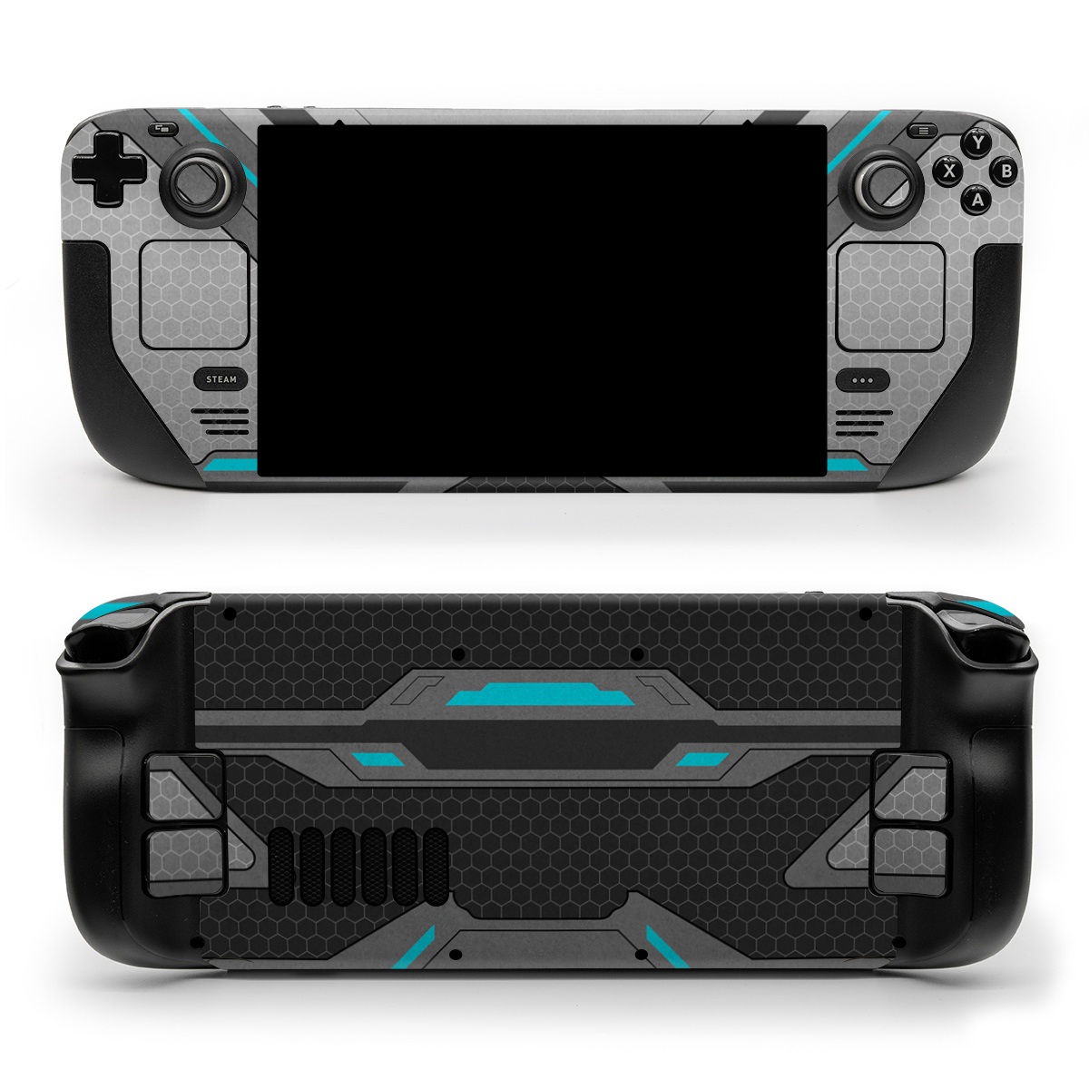 Valve Steam Deck Skin design of Blue, Turquoise, Pattern, Teal, Symmetry, Design, Line, Automotive design, Font, with black, gray, blue colors