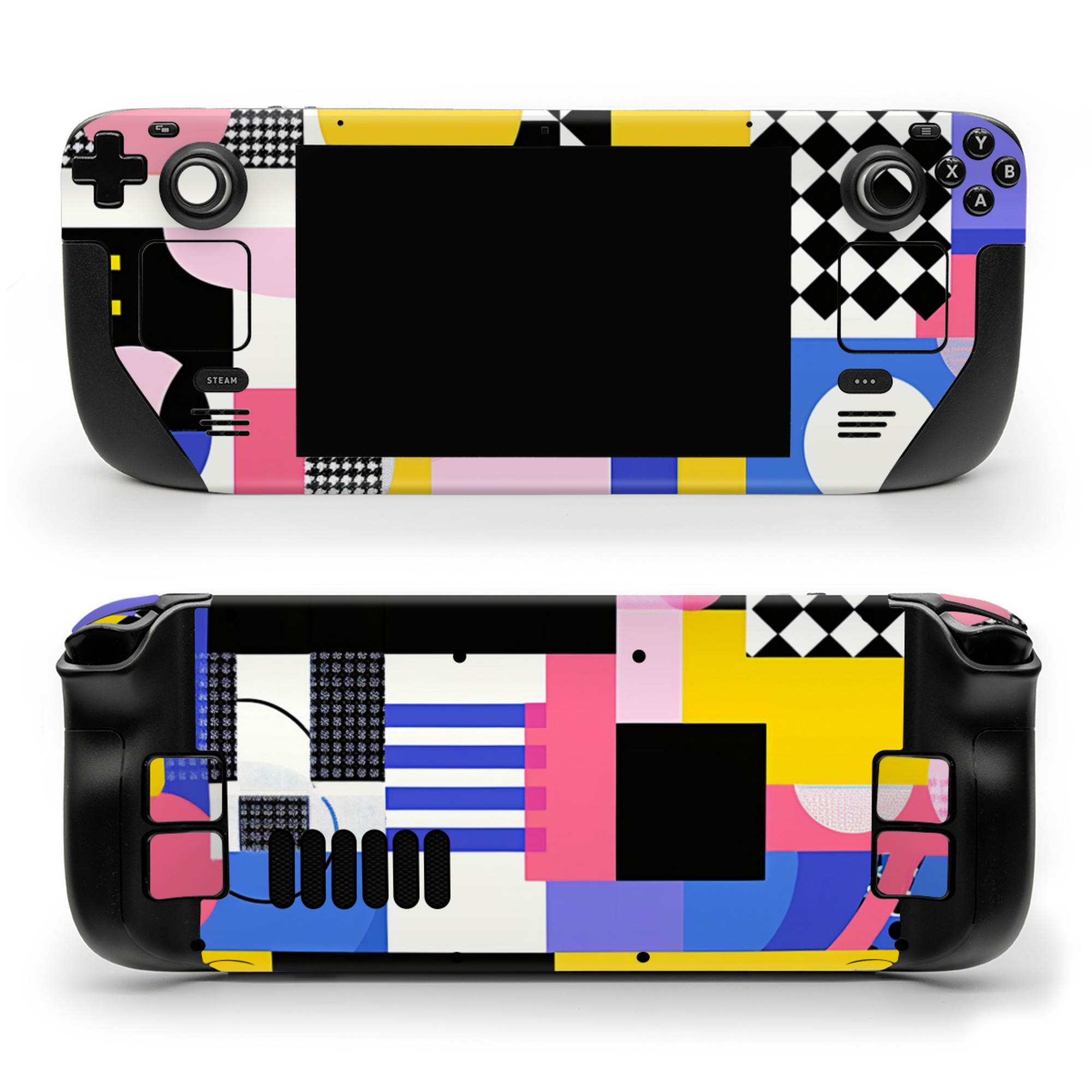 Valve Steam Deck Skin design of White, Black, Rectangle, Font, Art, Red, Pattern, Tints and shades, Circle, Electric blue, with blue, white, black, yellow, pink, purple colors