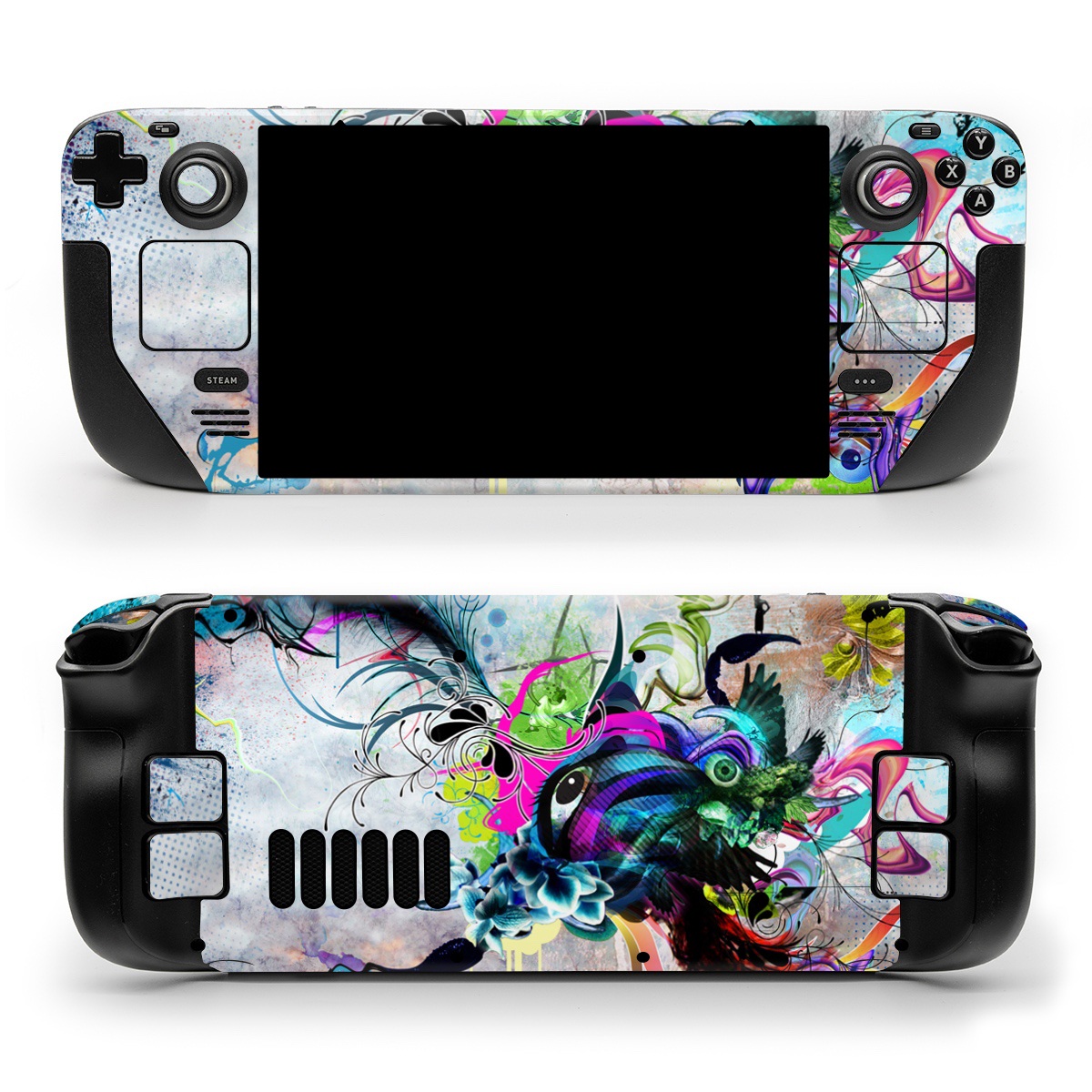 Valve Steam Deck Skin design of Graphic design, Psychedelic art, Art, Illustration, Purple, Visual arts, Graffiti, Street art, Design, Painting, with gray, black, blue, green, purple colors