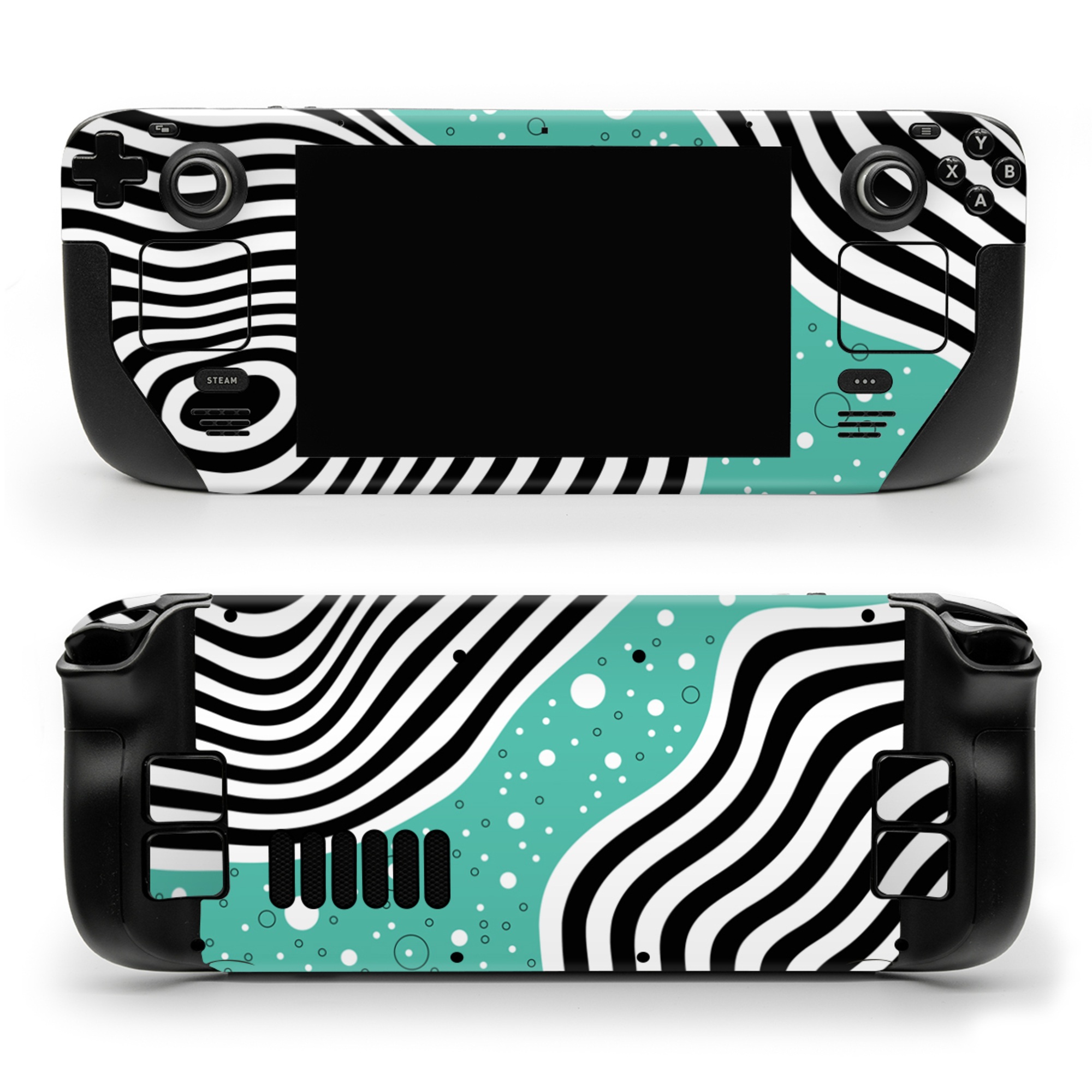 Valve Steam Deck Skin design of White, Rectangle, Art, Line, Aqua, Pattern, Electric blue, Visual arts, Font, Graphics, with white, black, blue, green colors
