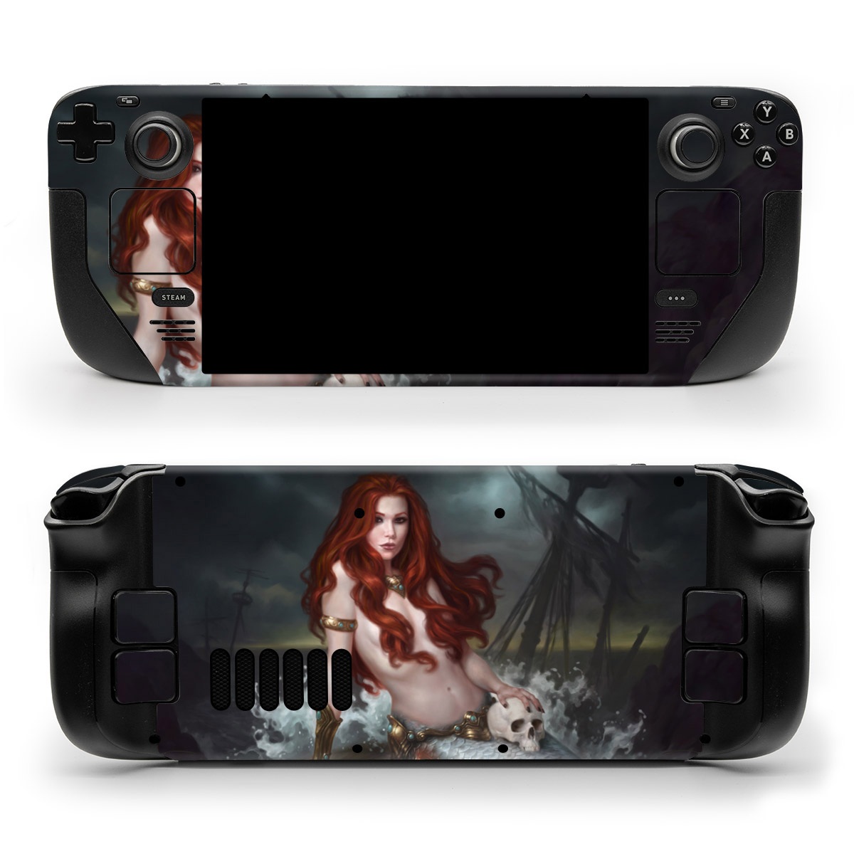 Valve Steam Deck Skin design of Mermaid, Cg artwork, Illustration, Fictional character, Mythology, Mythical creature, Art, Long hair, Woman warrior, Sitting, with black, brown, red, yellow, white, gray colors