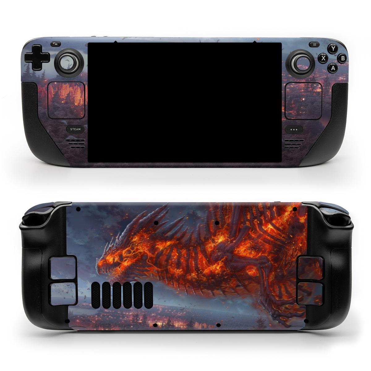Valve Steam Deck Skin design of Geological phenomenon, Dragon, Cg artwork, Sky, Flame, Fictional character, Mythology, Lava, Demon, Heat, with red, blue, black colors