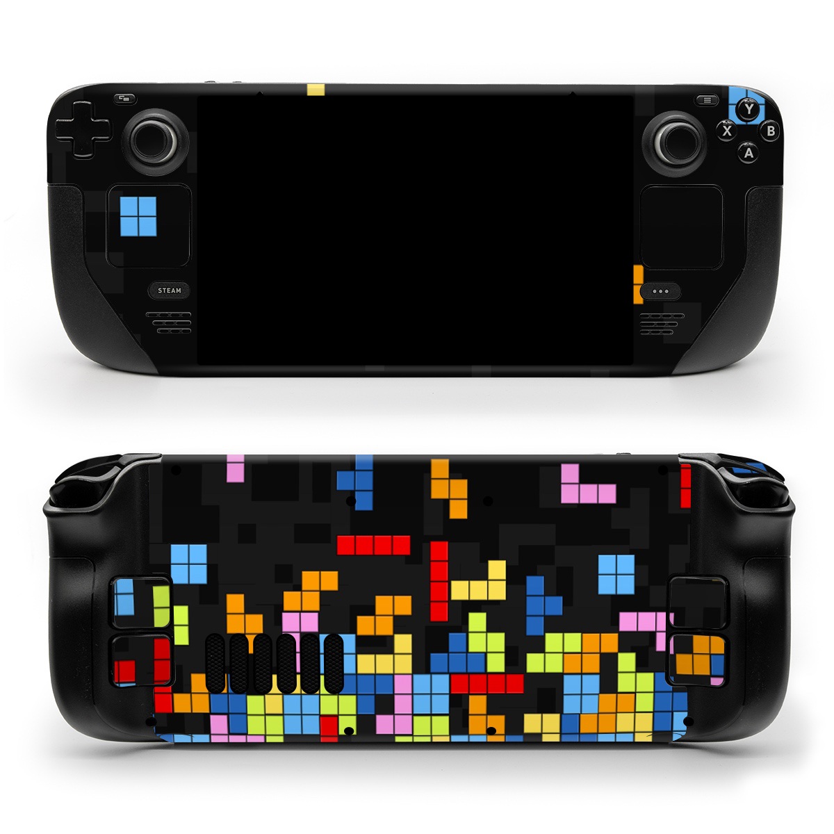 Valve Steam Deck Skin design of Pattern, Symmetry, Font, Design, Graphic design, Line, Colorfulness, Magenta, Square, Graphics, with black, green, blue, orange, red colors