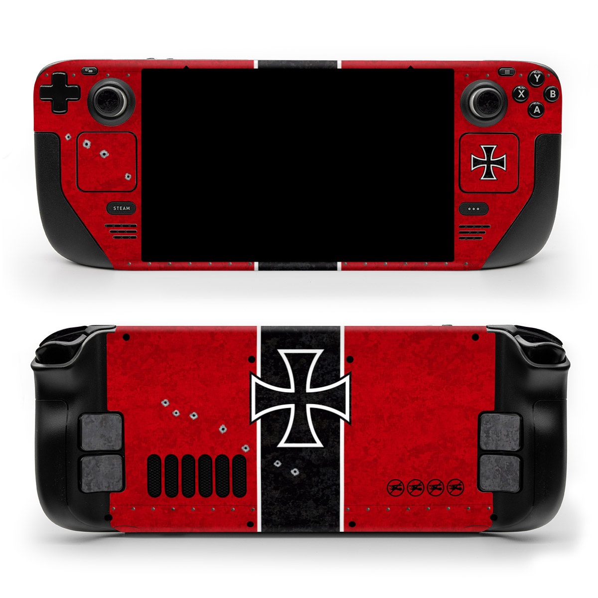 Valve Steam Deck Skin design of Bullet, Holes, War, Red, Text, Carmine, Colorfulness, Maroon, Symbol, Coquelicot, with red, black, white, gray colors