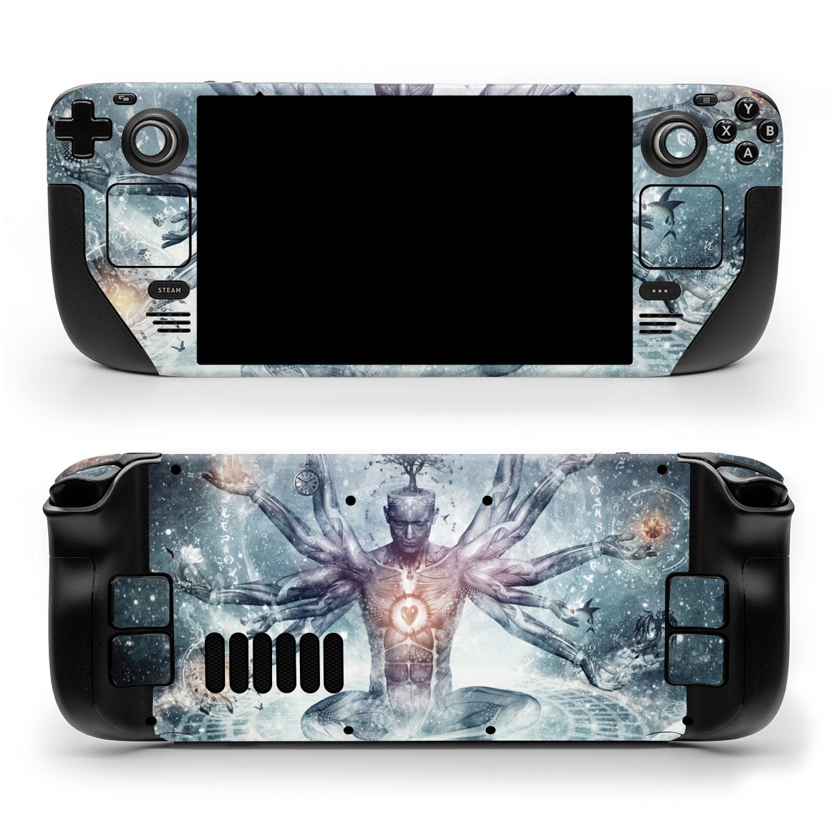 Valve Steam Deck Skin design of Mythology, Cg artwork, Water, Illustration, Fictional character, Space, Graphics, Art, Graphic design, with blue, red, orange, black, white colors