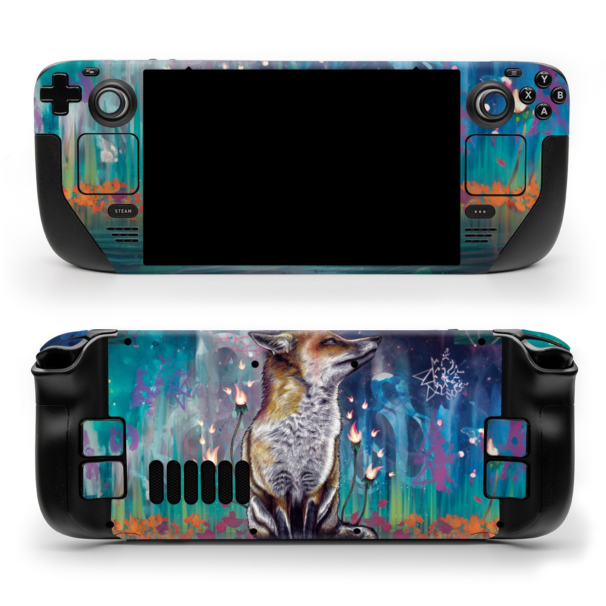 Valve Steam Deck Skin design of Red fox, Art, Wildlife, Canidae, Illustration, Fox, Carnivore, Painting, Dhole, Red wolf, with black, gray, blue, red, green colors