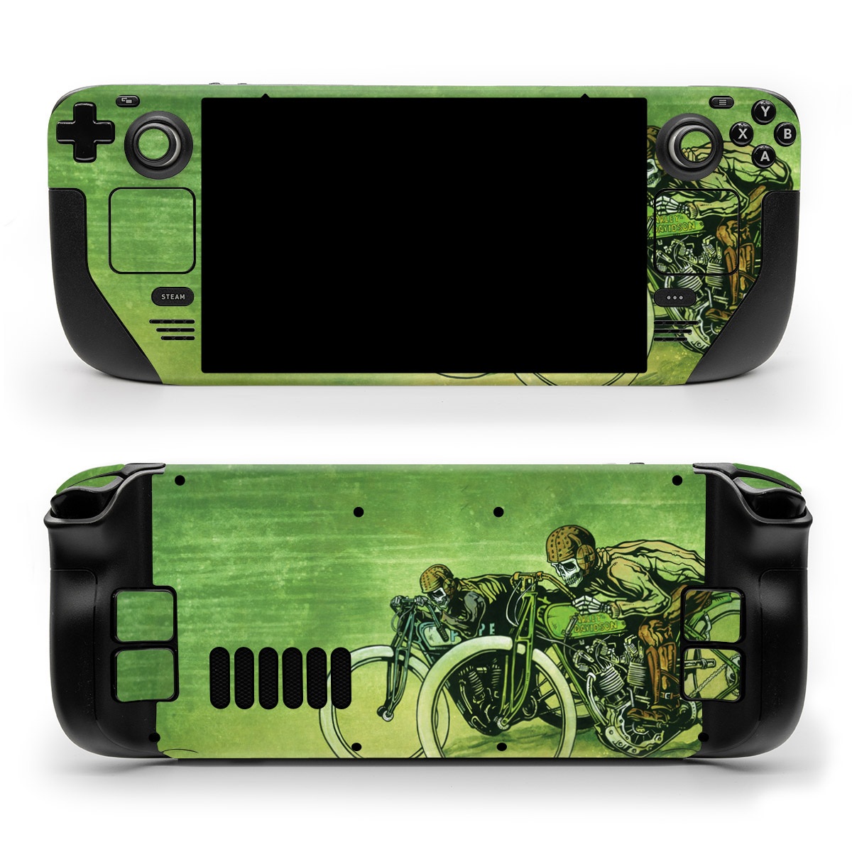 Valve Steam Deck Skin design of Tire, Wheel, Bicycle, Bicycle tire, Automotive tire, Crankset, Bicycle handlebar, Motor vehicle, Bicycle wheel, Bicycle part, with green, gray, white, black, brown colors