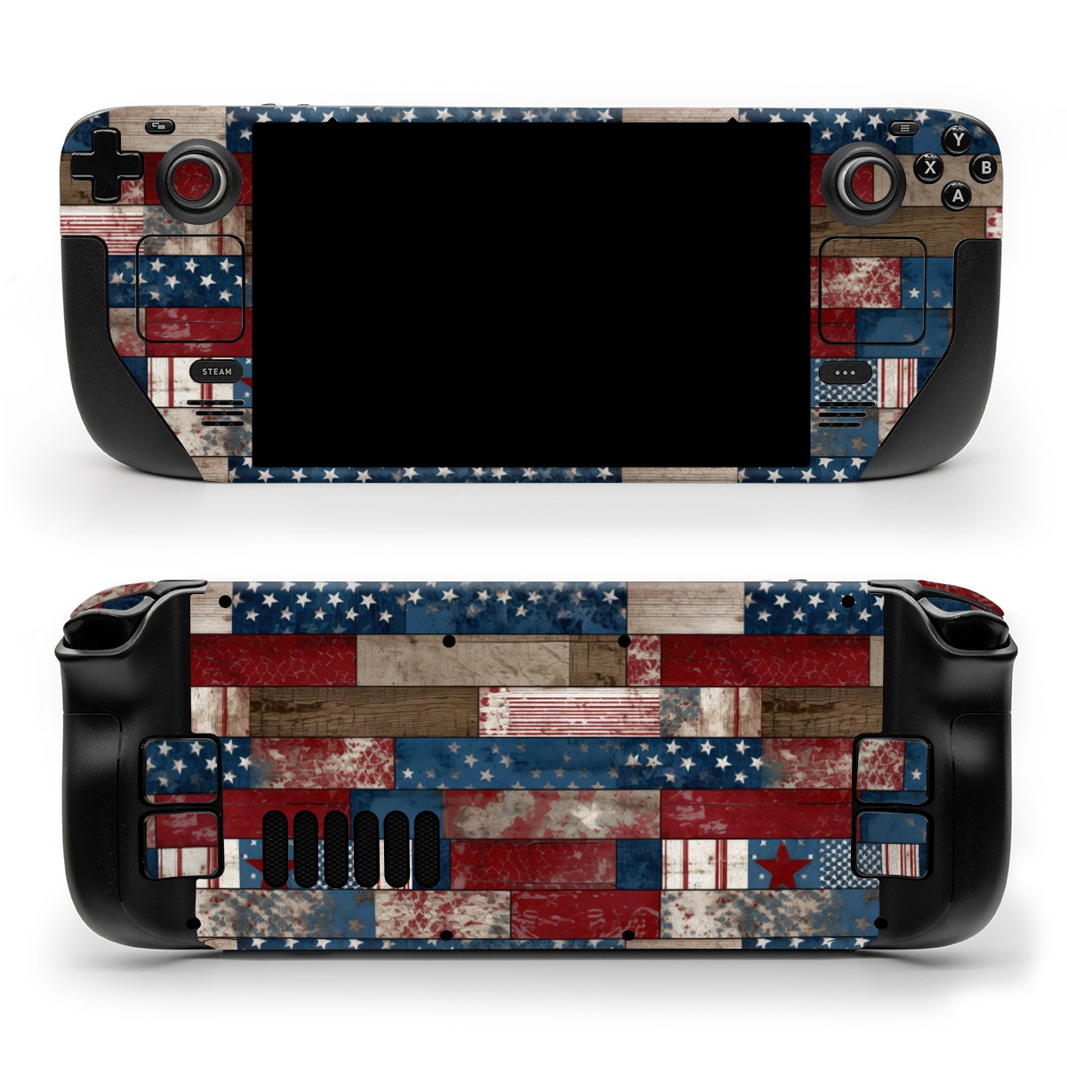 Valve Steam Deck Skin design of Photograph, White, Blue, Rectangle, Azure, Textile, Creative arts, Red, Line, Art, with red, blue, white, brown, gray, black colors