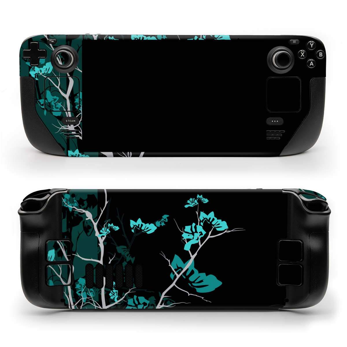 Valve Steam Deck Skin design of Branch, Black, Blue, Green, Turquoise, Teal, Tree, Plant, Graphic design, Twig, with black, blue, gray colors