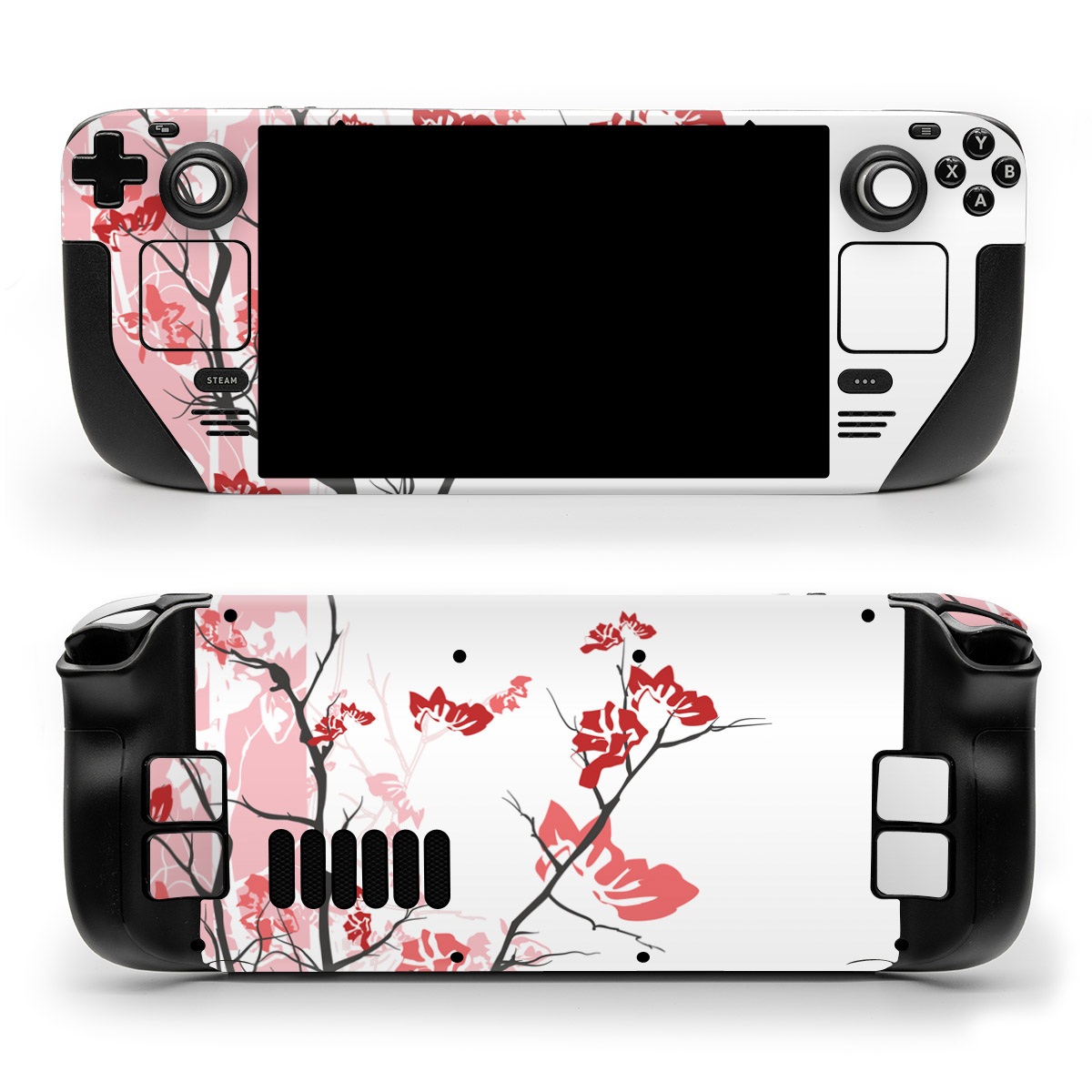 Valve Steam Deck Skin design of Branch, Red, Flower, Plant, Tree, Twig, Blossom, Botany, Pink, Spring, with white, pink, gray, red, black colors