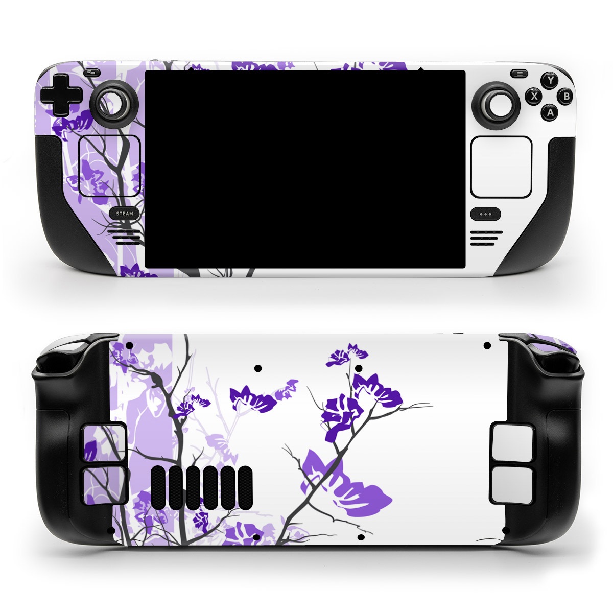 Valve Steam Deck Skin design of Branch, Purple, Violet, Lilac, Lavender, Plant, Twig, Flower, Tree, Wildflower, with white, purple, gray, pink, black colors