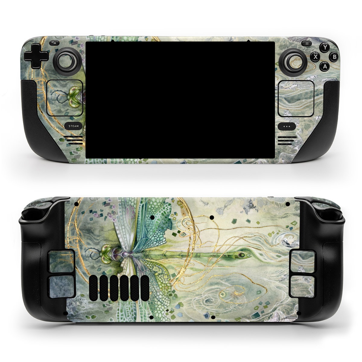 Valve Steam Deck Skin design of Green, Painting, Watercolor paint, Water, Acrylic paint, Leaf, Visual arts, Plant, Art, Photography, with green, yellow, blue, gray colors