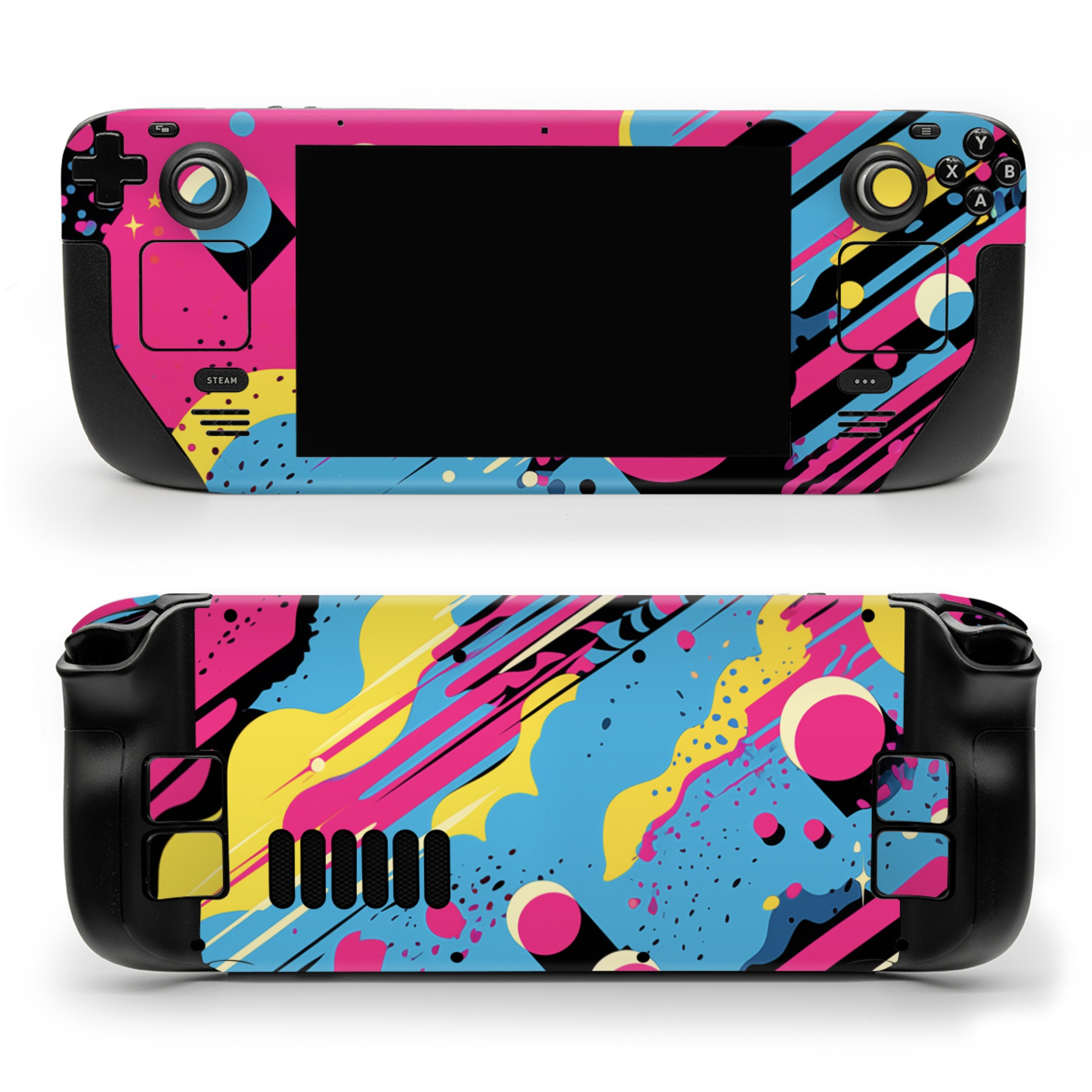 Valve Steam Deck Skin design of Colorfulness, Paint, Art, Font, Line, Material property, Magenta, Pattern, Illustration, Circle, with pink, yellow, blue, black, white colors